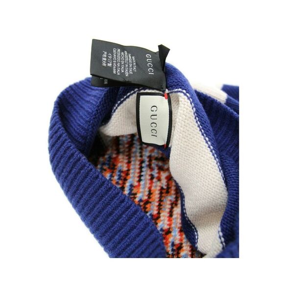 Gucci Men's Blue / White Striped Wool Knit Beanie Hat With Tiger Head M / 58 - Picture 4 of 5
